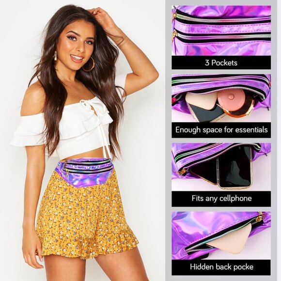 Holographic Crossbody Fanny Pack with 3 Pockets & Heart Shades - Fashionable Duo - Picture 5 of 7